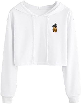 Steagoner Womens Hooded Sweatshirt Long Sleeve Crop Tops Appliques Pinapple Print Pullover Tops Hoodie Blouse T Shirt Tunics