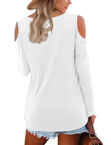 FLORBOOM WOMENS COLD SHOULDER TOPS TRENDY V NECK LONG SLEEVE T-SHIRTS BLOUSE, WHITE XL