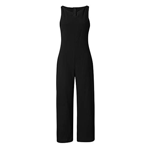 Corriee Jumpsuits for Women Casual Cotton Linen Solid Jumpsuit Sleeveless Wide Leg Loose Long Pant Romper Pockets Black