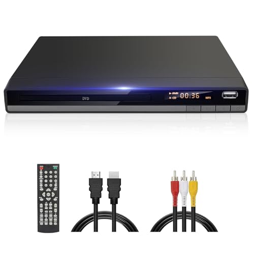 Compact HD DVD Player for TV HDMI AV Output with Cable Included, 1080P DVD-CD Player with USB Input, All Regions Free, Error Correction, Integrated PAL NTSC System (Black DVD-168)