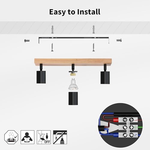 LVWIT Ceiling Lamps, GU10 Black Light Shade, 3 Way Wood Light Fixtures Ceilings, Adjustable Industrial Wall Ceiling Lamp, Ceiling Lamp for Living Room (No Bulbs Included)