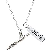 Flute Necklace, Personalized Flute Pendant with Engraved Name Charm, Music Pendant Necklace, Flute Jewelry for Women