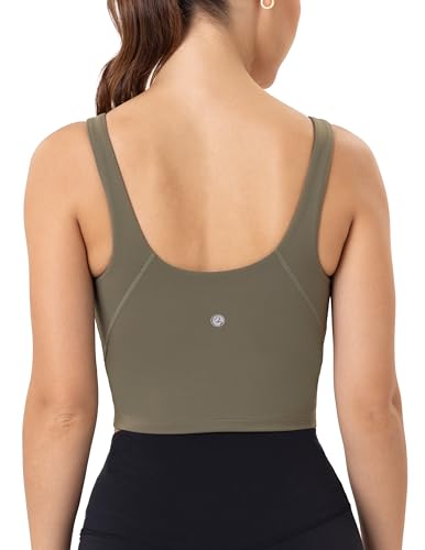 YUNOGA LONGLINE SPORTS BRAS FOR WOMEN CROPPED TANK TOP WITH BUILT-IN BRA ATHLETIC WORKOUT YOGA BRA TOPS (M, OLIVE GREEN)