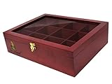 Bamboo Tea Storage Box (12 Compartment) Cherry Wood Finish Organizer with Adjustable Dividers, Store Loose Leaf Bags, Herbal, Organic, Japanese, Glass Window, Beautiful Kitchen Decor