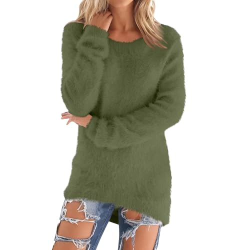 Fleece Sweatshirts for Women UK Warm Solid Color Fluffy Long Sleeve Tunic Tops Womens Sweaters Winter Jumpers Casual Crewneck Ladies Soft Cozy Pullover Loungewear Outdoor Baggy Blouse S Army Green