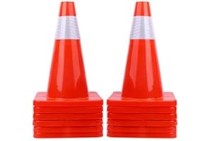 CFKJ 12 Pack 18" Traffic Cones PVC Safety Road Parking Cones Weighted Hazard Cones Construction Cones for Traffic Fluorescent Orange w/4" Reflective Strips Collar Safety Signs (12)