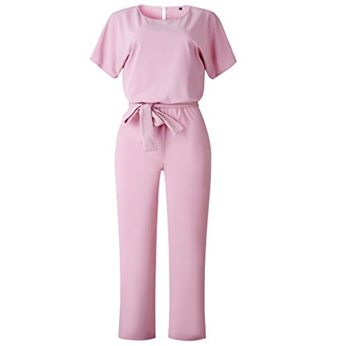 Sunyastor Womens Short Sleeve One Piece Jumpsuit Cocktail Romper Pant Suit Clubwear Straight Leg Jumpsuit with Belt Pink