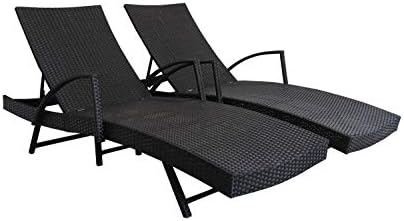 Outdoor Patio Synthetic Backyard Poolside Garden Rattan Wicker Chaise Lounge Chair Set Adjustable with Armrest (Set of Two, Black)