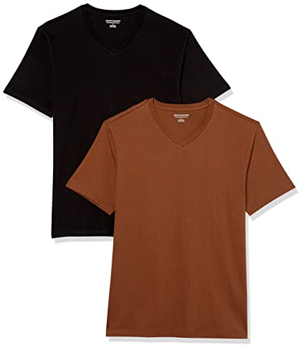 Amazon Essentials Men's V-Neck Short-Sleeve T-Shirts, Pack of 2, Black/Brown, X…