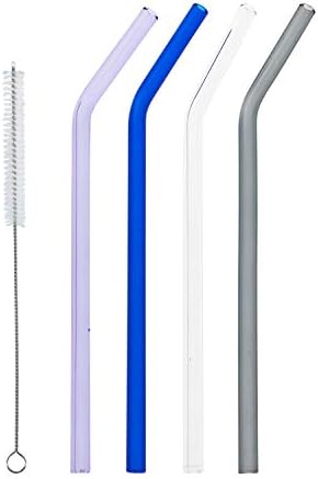 TIANYUAN 9" 9mm Reuseable Bent Glass Straws with 1 Cleaning Brush Set of 4 Blue Purple Clear Transparent Black