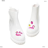 YUXIDSCR Pink Flamingo Rain Boots Women PVC Slip On Waterproof Cat with Heel Water Shoes Lovely Rainboot Damen Lady Asual Cute White 7.5