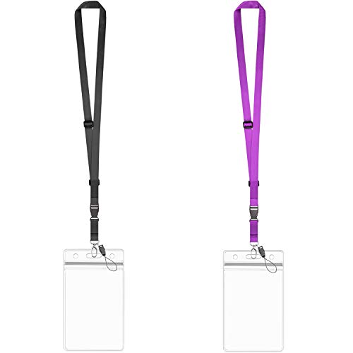 Lanyard Adjustable with ID Badge Holder Black Purple Office Safety Cruise lanyards Neck Quick Release lanard for Women Men Keys Vertical Waterproof Zipper Card Large 4x3 Name Badges Holders 2 Pack