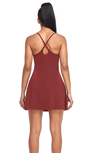 Women's Tennis Dress, Athletic Workout Sports Golf Dresses with Built-in Bra & Shorts Exercise Dresses for Women Coffee
