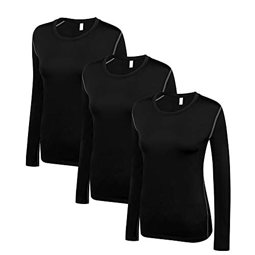 Women's Compression Shirt Dry Fit Long Sleeve Running Athletic T-Shirt Workout Tops (M, 3 Pack Black)
