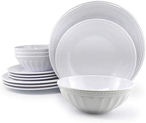 Melamine Dinnerware Set, 12-Piece Beaded Design 100% Melamine Plates and Bowls Service for 4,White Color | Suitable Indoors and Outdoors, Shatter-Proof and Chip-Resistant, Dishwasher Safe and BPA free