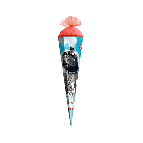 ROTH Geschenk-Schultüte klein Lokomotive 50 cm - 6-eckig Tüllverschluss - Zuckertüte Schulanfang Zug Eisenbahn