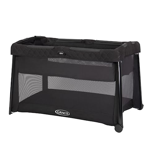 Graco FoldLite LX Unique Travel Cot with Bassinet Folds Down Super Small, Birth to Approx. 3 Years, Midnight Fashion