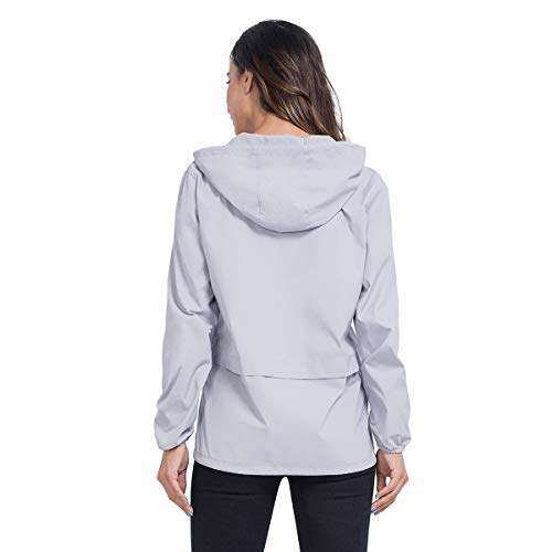 JTANIB Rain Jackets for Women, Lightweight Zip Up Hiking Travel Cycling Hooded Waterproof Raincoat S Grey