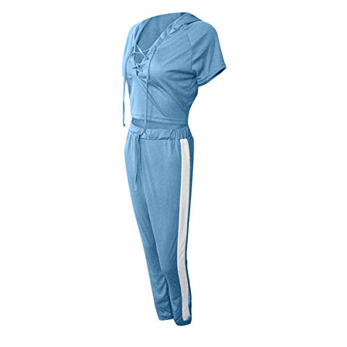 Fainosmny Women Sweatsuit Stripe Tracksuit Sport Suit Set Sports Hooides Soft Elastic Tops+Long Pants Set (Blue 1, L)