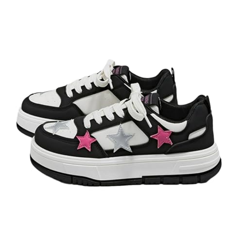 Layheld Cute Star Sneakers for Women Star Decor Lace-Up Thick Sole Shoes Height Increase PU Upper EVA Insole Rubber Sole Walking Shoes