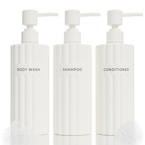 Stylish Shampoo and Conditioner Dispenser Set of 3 - Modern 19oz Shower Soap Bottles with Pump and Labels - Easy to Refill Body Wash Dispensers for an Instant Bathroom Decor Upgrade