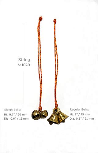 AzKrafts Mini Brass Hanging Bells on String I Hanging Sleigh Bells, Regular Bells, Combo Bells, for Home Decor I Indian Hanging Jingle Bells on Braided String (6" String, 12 Pack, Sleigh+Reg Bells)