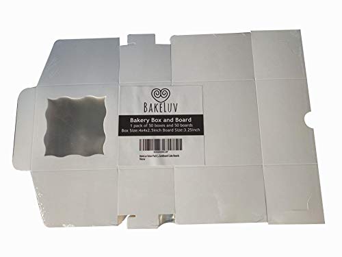 Bakery Boxes with Window 4x4x2.5” by BakeLuv | BUNDLE: 50 pack Cake Boxes + 50 pack Round Mini Cake Boards | Small Bakery Boxes, Cookie Boxes, Cake Boxes, Pastry Boxes, Treat Boxes, Window Boxes