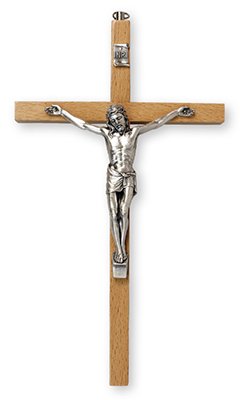 26cm Beech Wood Wall Hanging Crucifix Cross Silver Jesus 10574