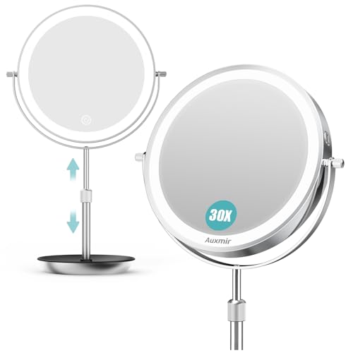 Auxmir 1X/30X Magnifying Mirror with Light, 9” Adjustable Height Makeup Mirror, Rechargeable Lighted Mirror with 3 Color Modes & Dimmable, Double Sided Vanity Mirror for Shaving, Tweezing