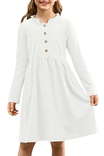 BesserBay Mädchen Süß Rüsche Kragen Kleid mit Knopf Langarm Midikleid Weiß 110