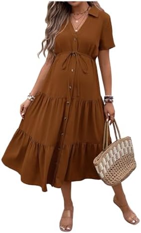 brown gingham maternity dress PinkBlush Olive Gingham Smocked Maternity Midi Dress