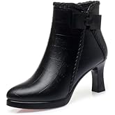 Lossarye Women’s Pointed Toe High Heel Ankle Boots Side Zip Comfortable Fur Lined Autumn Winter Kitten Heel Dress Booties