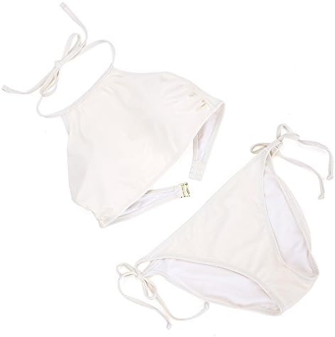 Queenskini Women Bikini High Neck Halter Top Triangle TIe Side Bottom Swimsuit Swimwear Set (L, White)