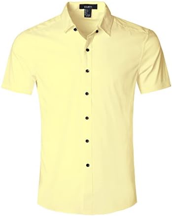 GILBETI Men's Slim Fit Solid Dress Shirts Button Down Cotton Short Sleeve Shirt Yellow LARGE