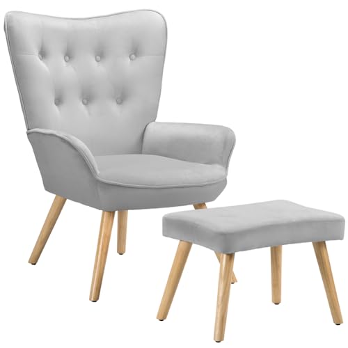BAKAJI Sillón con Taburete para salón, sillón con puf, reposapiés, Silla para Dormitorio, Acolchada, Funda de Terciopelo Suave, reposabrazos Altos, diseño Moderno, Color Gris