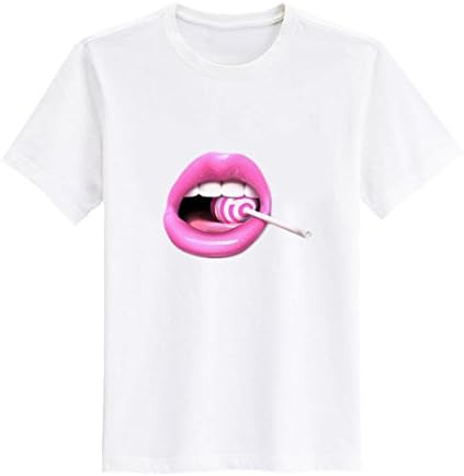 DAZUICHUN Women Tops Sexy Pink Lips Lollipop 3D Print T-Shirt Clothing T Shirt Casual Tops White XS