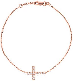 14K Gold Sideways Cross Cubic Zirconia Adjustable Bracelet 7"-7.5" (rose-gold)