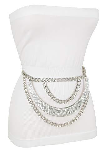 TFJ Women Fashion Dressy Belt Silver Metal Chains Waves Hip Waist Bling Plate XS S M