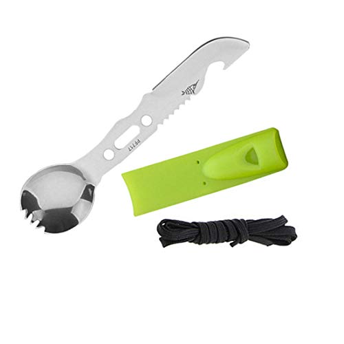 FREAHAP R Multifunctional Spork 6 in 1 Camping Cutlery Spoon Fork Knife Combo with Bottle Opener Scaler Fish Spear Multitool for Camping Hiking Travel PSK Survival Silver+Green