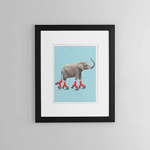 Elephant Roller Skating Art Print Poster - Fun and Cute, Elephant on Red Roller Skates Kid's Bedroom, Nursery & Home Wall Decor - This Loveable Art Print Poster Measures 11x14 inches, Unframed