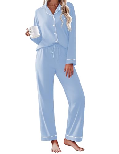 Ekouaer Womens Pajamas Set Cotton Long Sleeve Button Up 2 Piece Lounge Pjs at Amazon