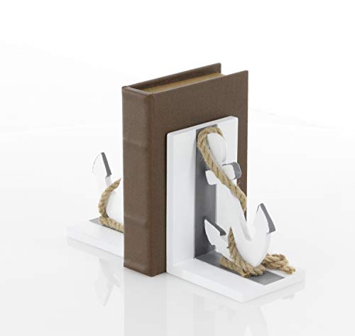 Deco 79 98863 Pair of Wooden Anchor Bookends with Rope Accents, White/Black/Brown