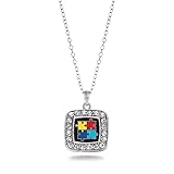 Autism Awareness Jigsaw Classic Silver Plated Square Crystal Necklace.