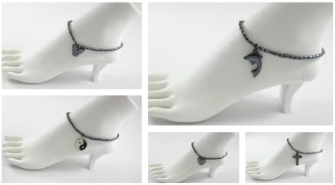 5 Piece Set of Hematite Anklets ( Butterfly Heart Ying-yang Dolphin Cross )