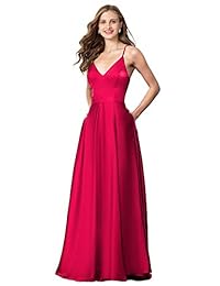 Valiamcep vestido de baile de graduación con cuello en V para mujer, largo 2019, satén, con bolsillo