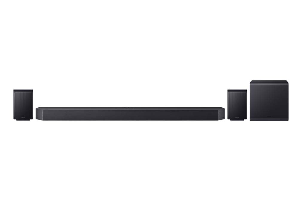 Samsung HW-Q995GF Q-Series 11.1.4-Kanal-Soundbar für Fernseher, Kabelloser 8"-Dual-Subwoofer, 4.0.2-Kanal-Rücklautsprecher, Kabelloses Dolby Atmos und DTS:X, SpaceFit Sound Pro, Q-Symphony