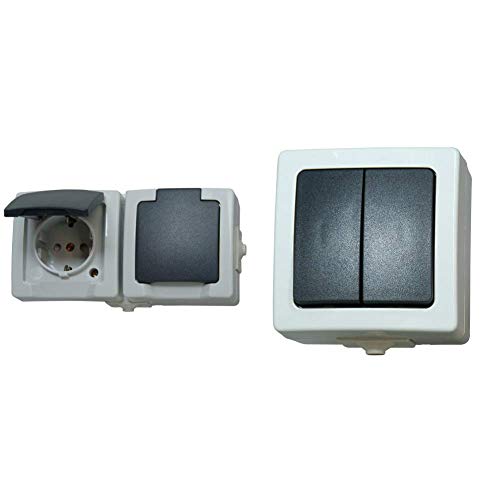 Kopp Nautic Steckdose für Feuchtraum, Aufputz, 250V (16A), 2-fach Schutzkontakt-Steckdose, grau & Nautic Serienschalter…