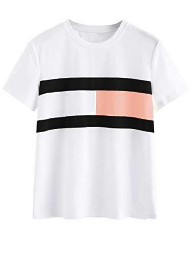 Romwe women s color block t-shirt short sleeve casual t…