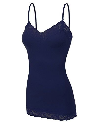 XT1004L Ladies Adjustable Spaghetti Strap Lace Trim Long Tunic Cami Tank Top Navy 3XL
