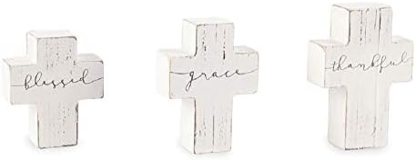 Set of 3 Small Wooden Cross Sitters, Blessed, Thankful and Grace, Size 4 1/2" x 3 1/4".